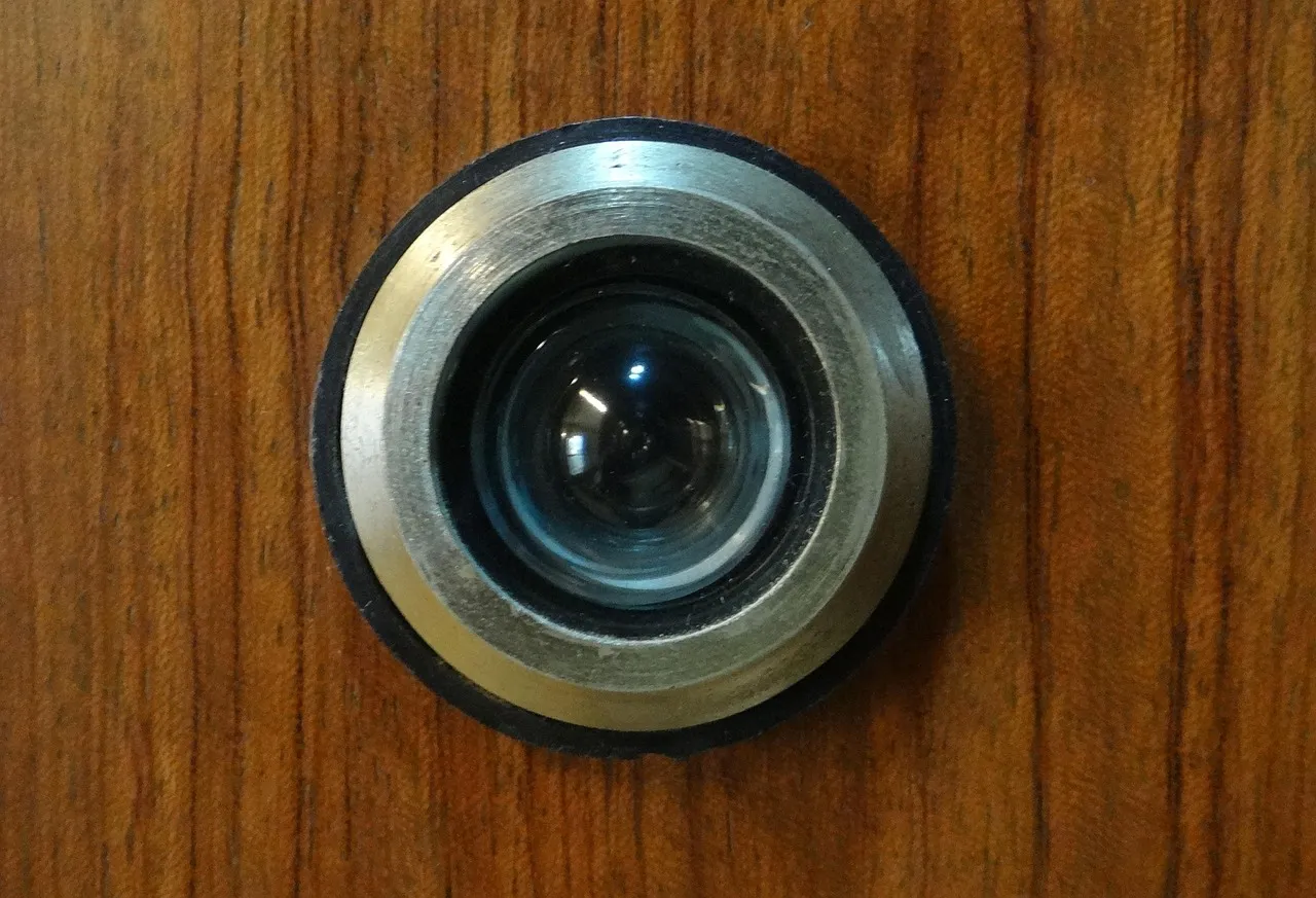 A round metal door viewer set into a timber door, its small glass lens at the centre