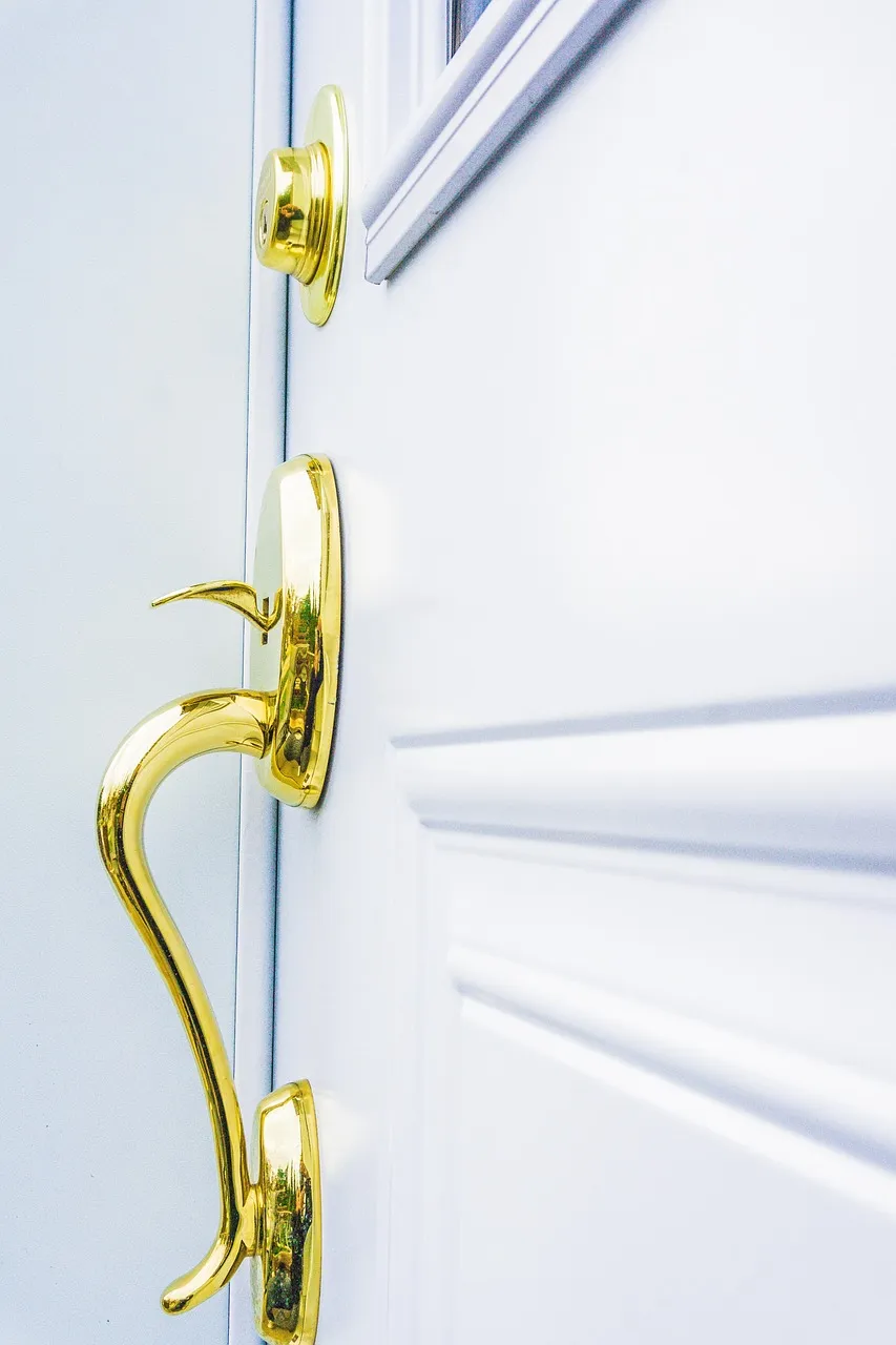 The edge of a white panelled front door with a polished brass deadbolt above a brass handle