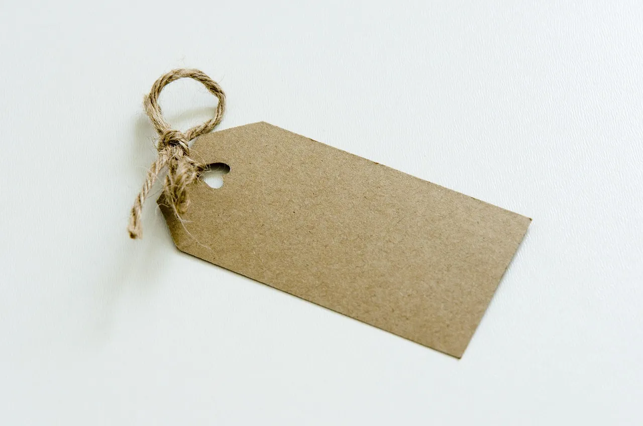 A blank brown-paper tag tied with a loop of twine, lying on a white surface.