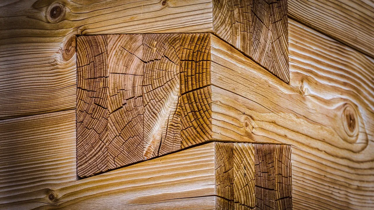 Two timber beams locked together at a notched corner, their end grain showing rings and cracks