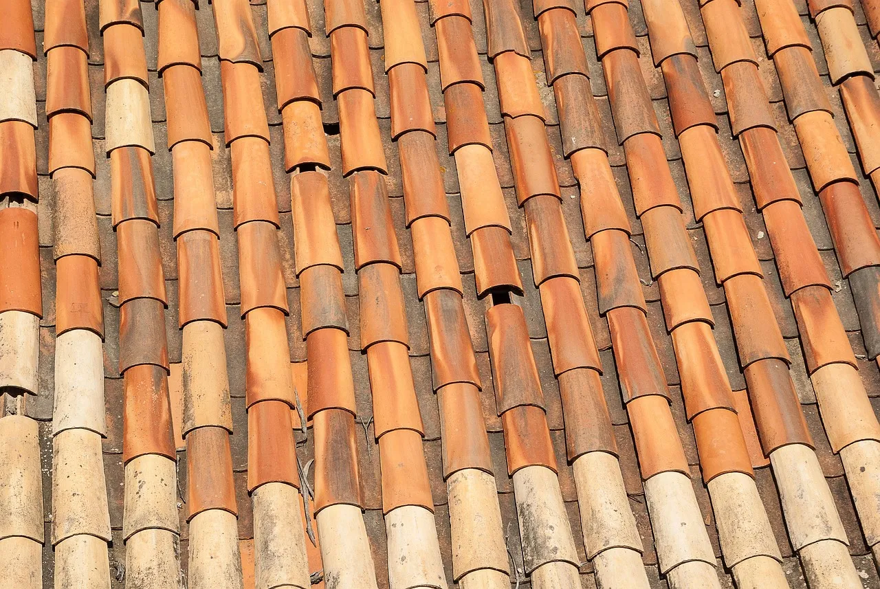 Rows of curved terracotta roof tiles, weathered from deep orange to pale cream, laid in overlapping courses.