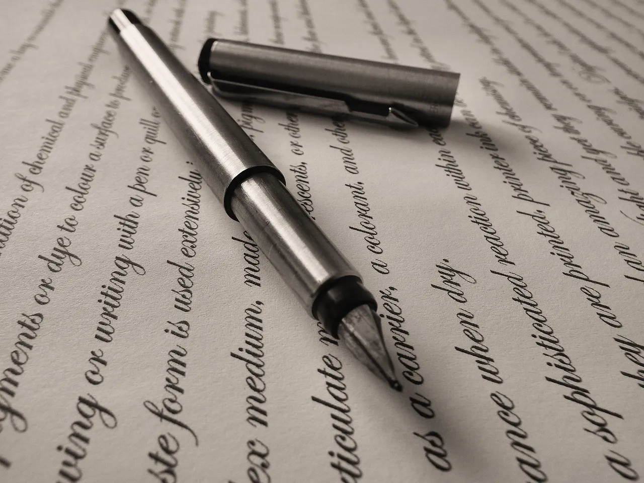 A steel fountain pen lying beside its cap on a page printed in a flowing script, in sepia tones.