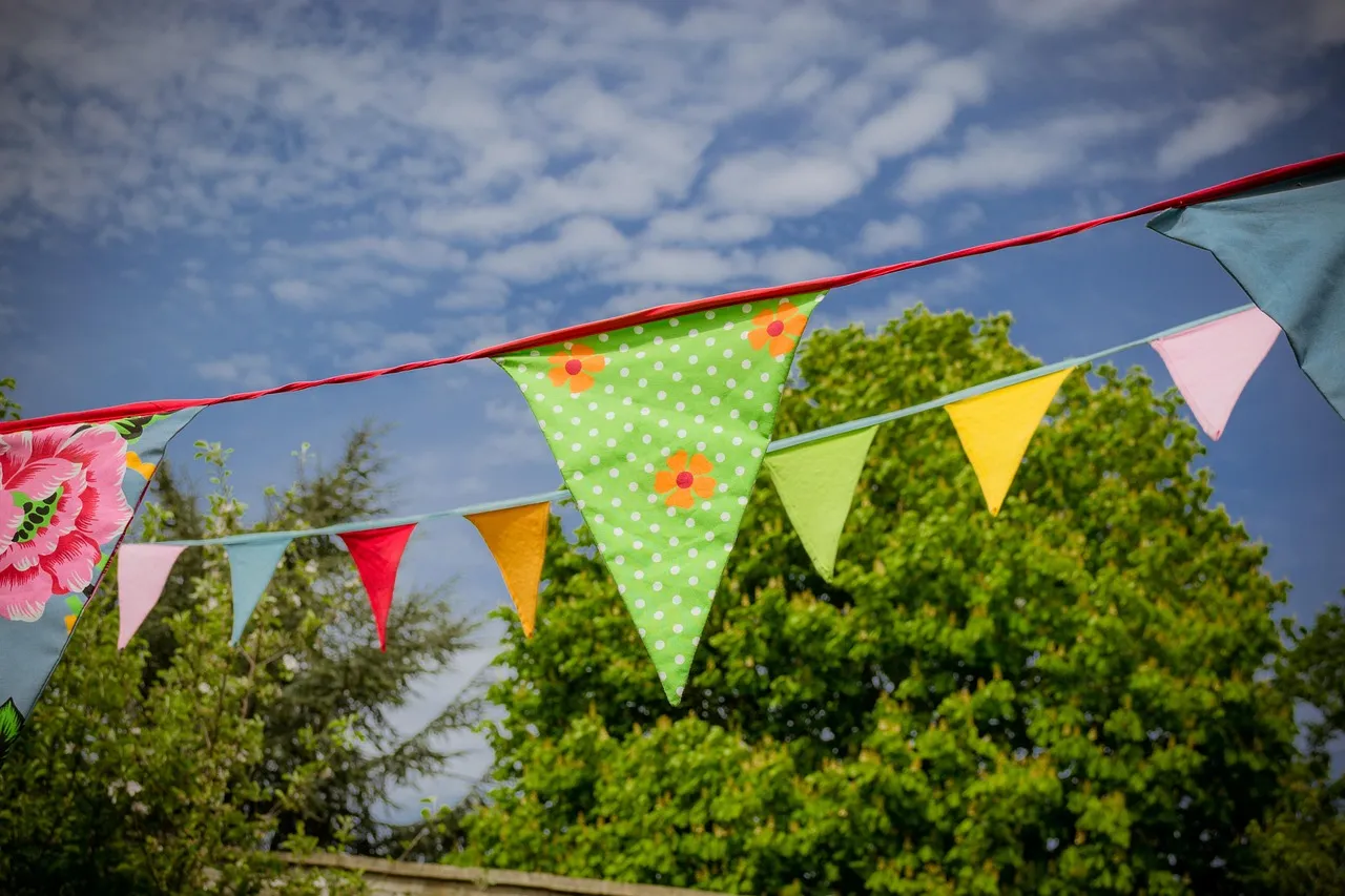 Two strings of cotton bunting in green, yellow, red and pink, strung across a blue sky above a leafy tree.