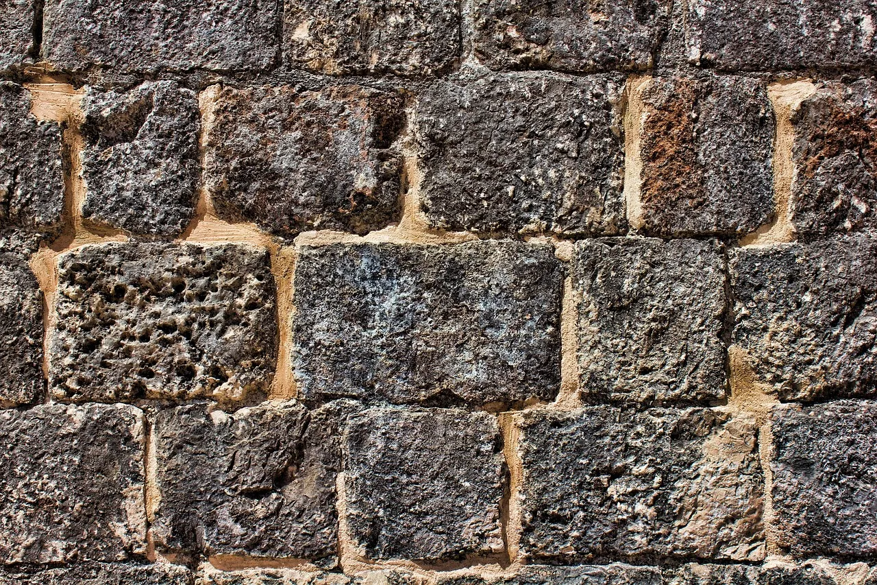 Close view of an old wall of rough, dark, pitted stone blocks set in pale mortar