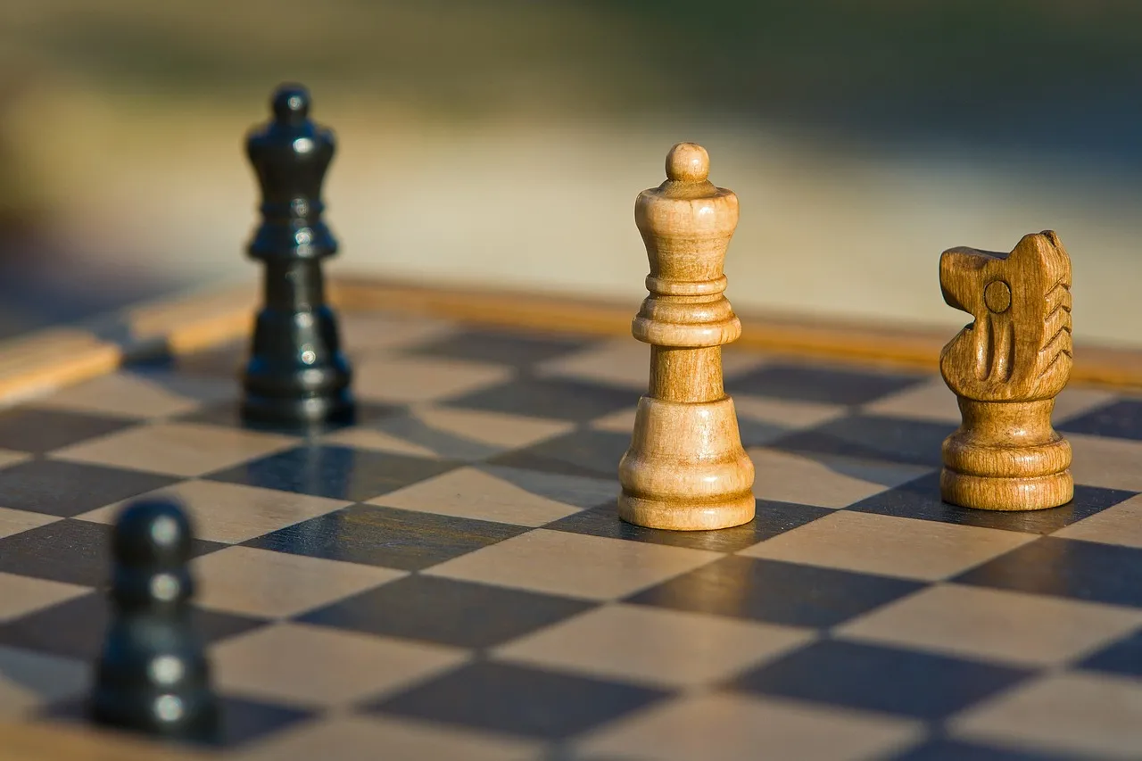 Wooden chess pieces on a board in low sun: a pale queen and knight in focus, with dark pieces blurred behind and in front.