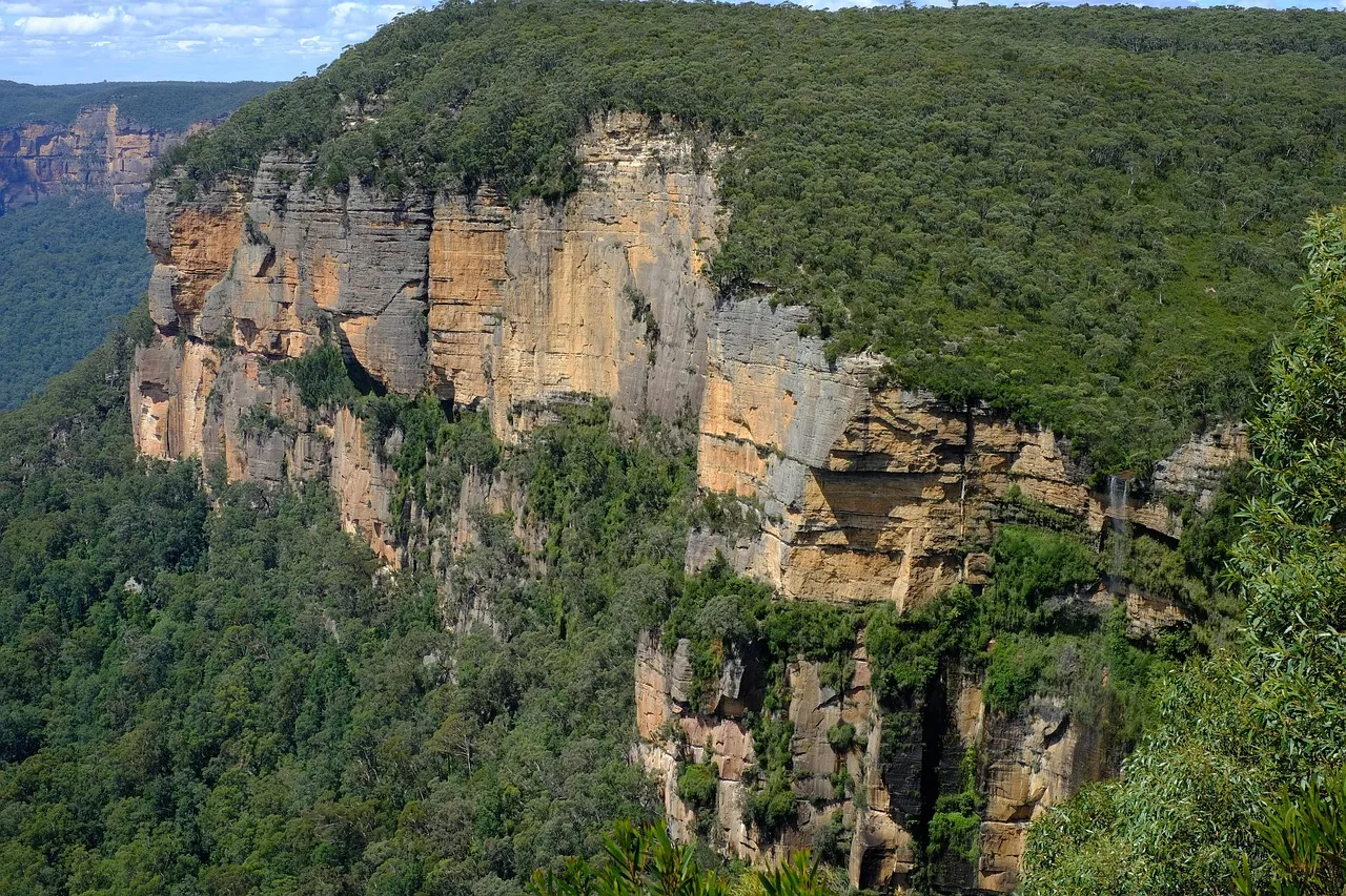 Layered sandstone cliffs rising above a forested valley in the Blue Mountains, with a thin waterfall on the right
