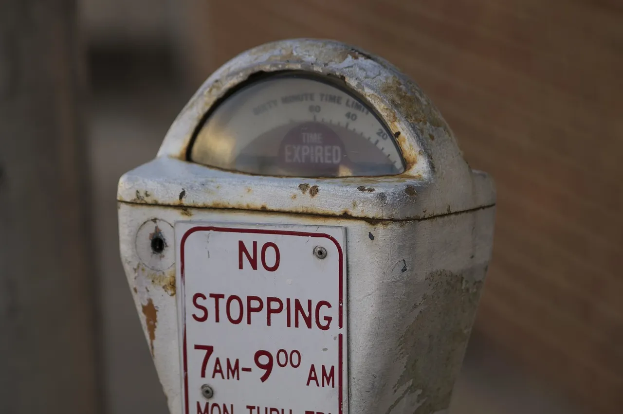 An old weathered coin parking meter whose dial shows a red Time Expired flag, above a no stopping sign