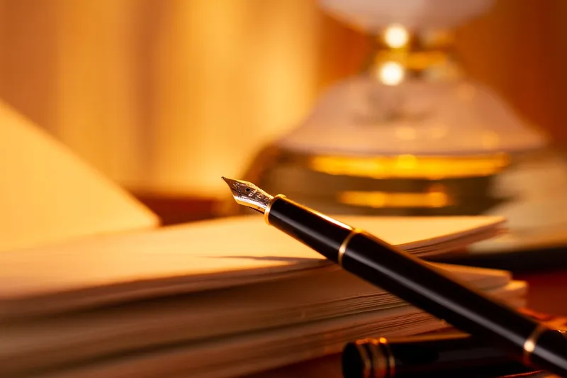 A black fountain pen resting on a stack of blank pages in warm lamplight