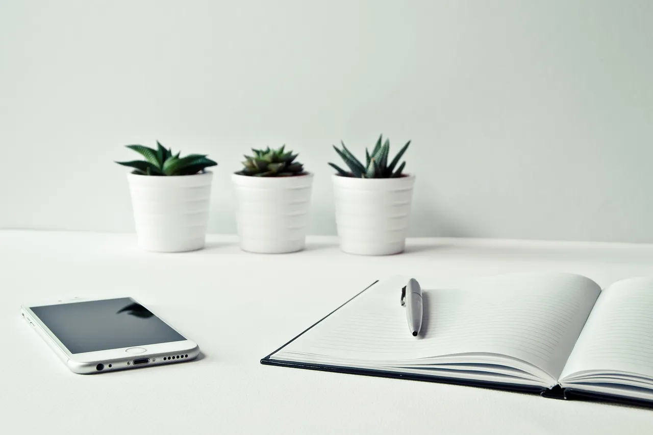 A smartphone lying face up with its screen dark beside an open ruled notebook with a pen resting on it, on a white desk with three small potted succulents behind.