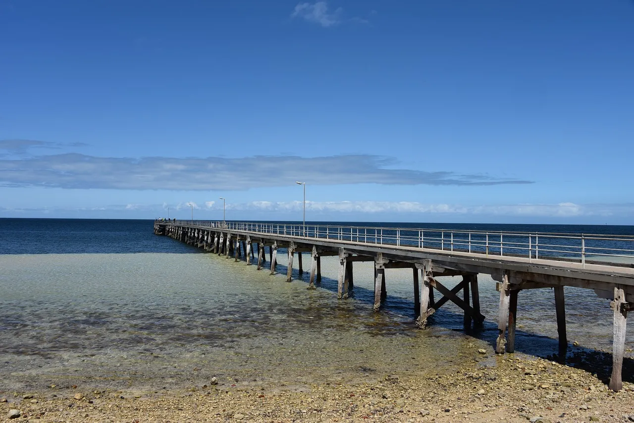 A long timber jetty with a steel handrail running out from a pebbly shore over clear, shallow water, under a deep blue sky